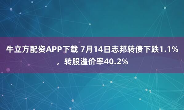 牛立方配资APP下载 7月14日志邦转债下跌1.1%，转股溢价率40.2%